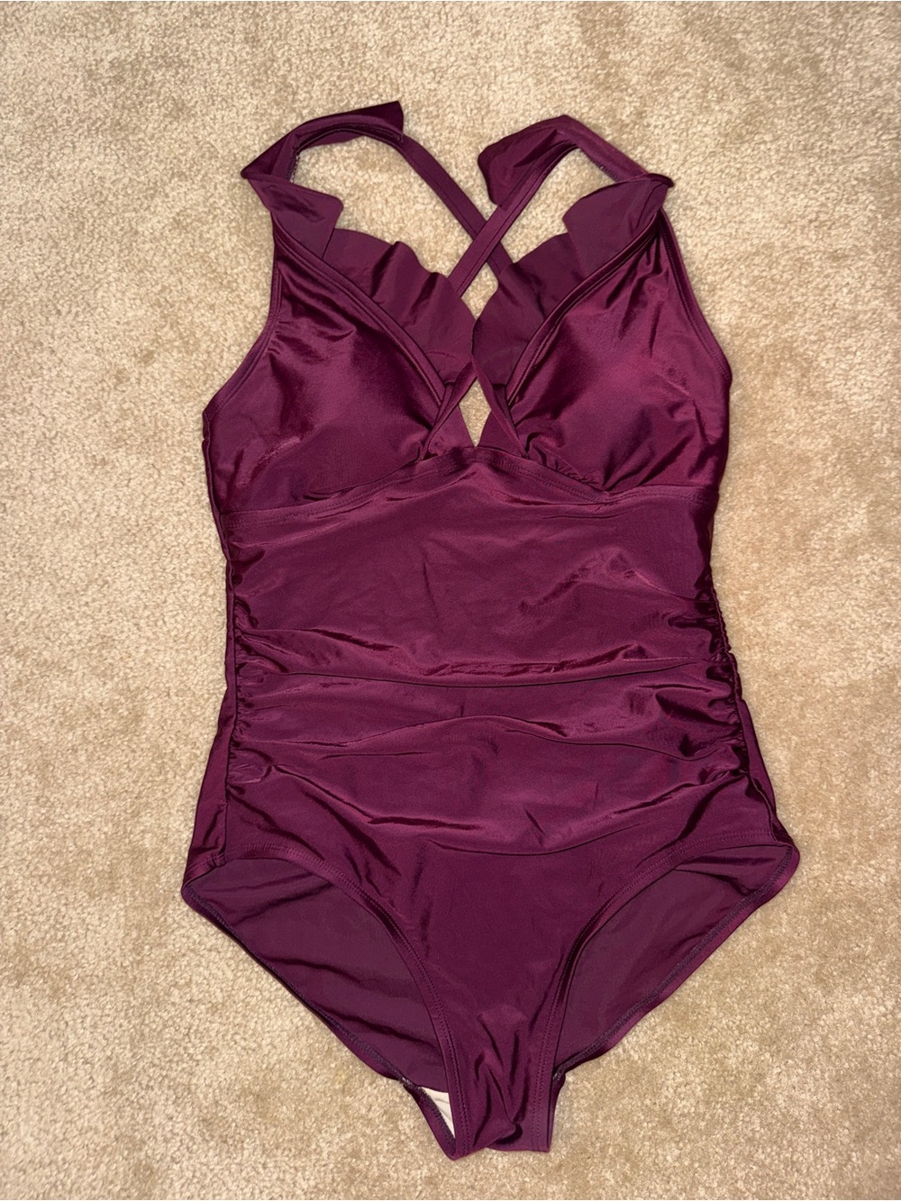 Raisins Sol Burgundy Ruffle One-Piece Swimsuit - Size Large